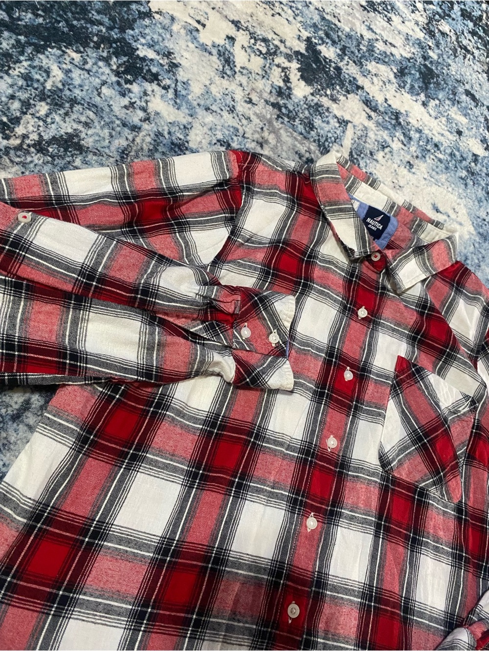 Nautica Jeans Women’s XL Plaid Button Up Shirt Red Black White Long Sleeve